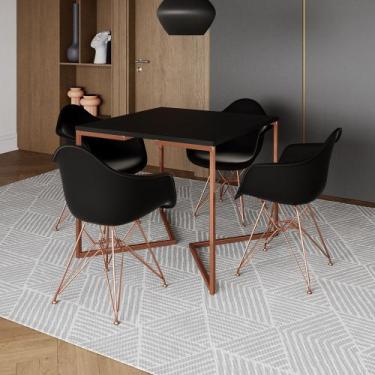 Imagem de Mesa Jantar Industrial Preta 90cm Quadrada Base Cobre V com 4 Poltrona
