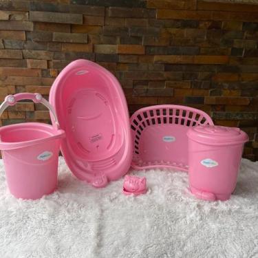 Imagem de Kit Bebê Banho Banheira Saboneteira Lixeira Cesto Roupa Balde Ofuro 6 