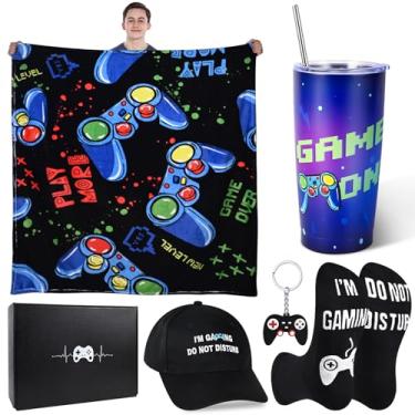 Imagem de Presentes gamer para homens adolescentes meninos presente de dia dos namorados para jogadores adolescentes meninos jogos coisas jogo cobertor chapéu 590 ml meias copo chaveiro e caixa de presente para