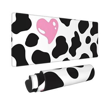 Imagem de Mouse pad com estampa de vaca preto e branco coração fofo rosa para jogos Mousepad enorme GG borda costurada sola de borracha para escritório em casa (80 x 30 cm)