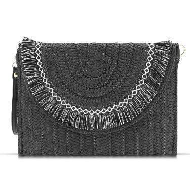 Imagem de QTKJ Bolsa clutch de palha, pacote de envelope, bolsas clutch com borlas de duas cores, bolsas boêmias com alça de ombro transversal, bolsa de palha adequada para praia, viagens, combinação diária,