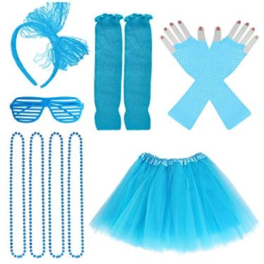 Imagem de jiebor Acessórios de fantasia dos anos 80 para meninas, crianças, saia tutu, polainas e luvas arrastão de vidro, faixa de cabeça, colar, Azul, One Size