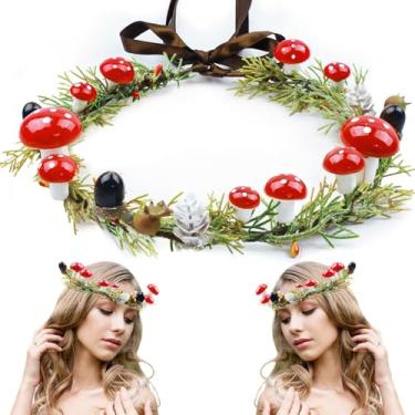Imagem de MEMOVAN Tiara feita à mão com coroa de cogumelos florestais, coroa de cabelo de Natal com pinheiros, flor de fada, floral, tiara de inverno para mulheres, meninas, decoração de férias