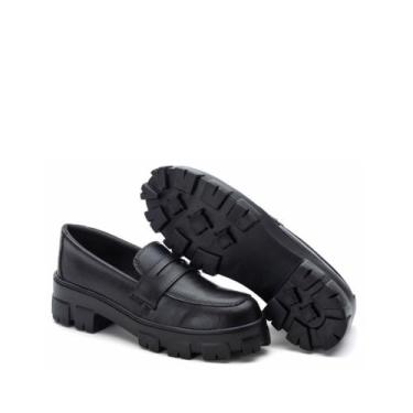 Imagem de Sapato Mocassim Tratorado Feminino Oxford Tendência, Preto verniz