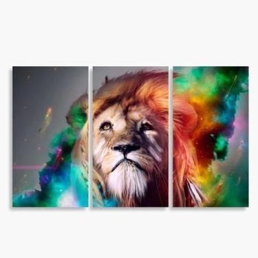 Imagem de Quadro Leão Colorido Moderno Mosaico 3 Peças em Tecido - Wall Frame