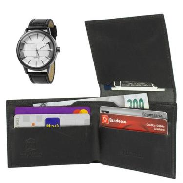 Imagem de Carteira Masculina De Couro Porta Cartão Pequeno Compacto + Relógio Ma