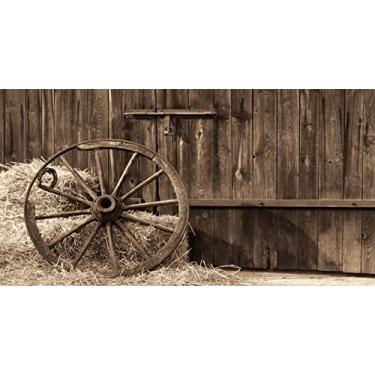 Imagem de BELECO Pano de fundo fotográfico Cowboys de tecido de 6 x 3 m celeiro antigo com roda antiga fardos de feno palheiro tema country cenário de fotografia decorações de festa ocidental crianças adultos sessão de fotos adereços para fotos