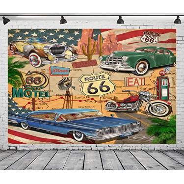 Imagem de BELECO Tecido vintage de 3 x 2,4 m, rota temática 66, pano de fundo, quadrinhos, retrô, mapa de estrada, motel, motocicleta, carros clássicos, rota histórica americana, 66, fundo para decoração de