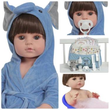 Imagem de Boneca Reborn Bebê Menino Roupão Elefante Kit 17 Itens - Cegonha Rebor