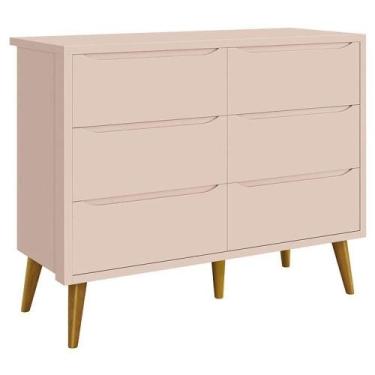Imagem de Cômoda Infantil 6 Gavetas Retrô Theo Rosa Acetinado Com Pés Madeira - 