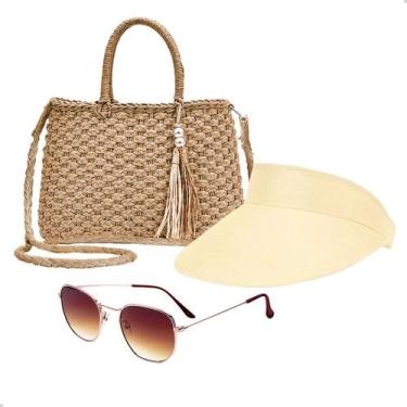 Imagem de Kit Bolsa de Palha Feminina + Viseira Solar + Óculos de Sol Para Praia