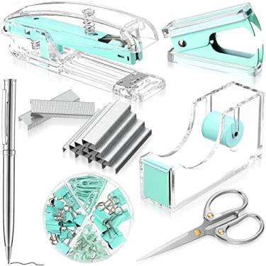 Imagem de Kit de acessórios de mesa de escritório, conjunto de grampeador de acrílico, removedor de grampos, dispensador de fita, clipes de fichário, clipes de papel, caneta esferográfica e tesoura com 1000 peças 26/6 grampos (verde)