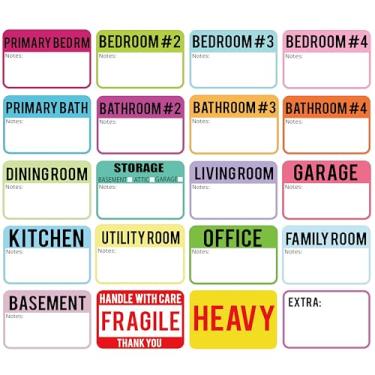 Imagem de 600 etiquetas móveis para caixas, 3 x 2 etiquetas de embalagem para caixas de mudança, para casa de 3 a 4 quartos, 20 designs de adesivos móveis incluindo adesivos frágeis e adesivos pesados