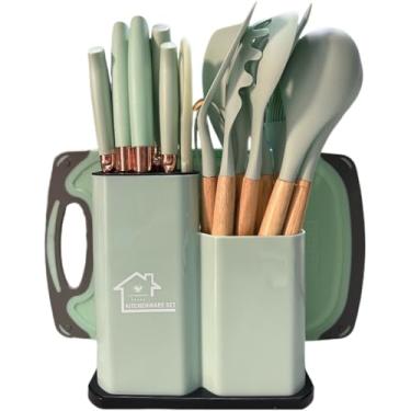 Imagem de Kit Completo Jogo Utensílios de Cozinha Luxo 19 Peças Com Tábua em Silicone Espátula Faca Tesoura