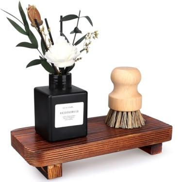 Imagem de Bandeja pequena marrom para decoração de banheiro, suporte de sabonete, suporte de madeira para pia de cozinha, dispensador de sabonete, elevadores de madeira, acessórios de cozinha, bancada, bandeja