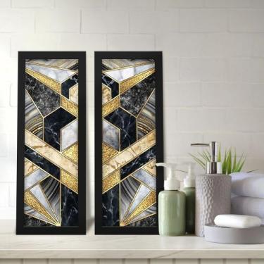 Imagem de Kit 2 Quadros Decorativos Lavabo Mármore Abstrato Dourado Preto Geomét