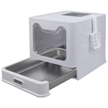 Imagem de Tokenkuko Caixa de areia dobrável de aço inoxidável com tampa, caixa de areia de gato fechada, caixa de areia para gatos com saída superior, caixa de areia grande com colher de areia para gatos, para