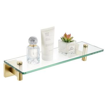 Imagem de KOKOSIRI Prateleiras de parede prateleira flutuante de aço inoxidável 30,5 cm, ferragens de banheiro de vidro temperado, pequeno suporte para pendurar para armazenamento/decoração de quarto, dourado