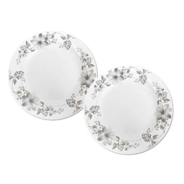 Imagem de Jogo 2 Prato Raso De Vidro Branco Flores Cinza Flowers Grey 26cm Em Casa Tem