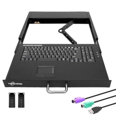 Imagem de Gaveta de teclado touchpad de montagem em rack 1U com cabo USB/PS2, teclado de metal industrial para rack ou gabinete de servidor 1U, 44 cm L x 35,5 cm P x 4,16 cm A, preto