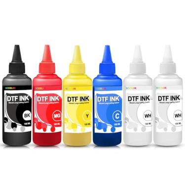 Imagem de DTF Ink 100 ML DTF Ink 6PK Premium DTF Ink Water Base Digital Inkjet Ink Refil para substituição direta de impressora de filme para cabeça de impressão Epson L1800 L805 R1390 4720 I3200 XP600 DX7 DX5 5113.2W+1B+1C+1M+1Y