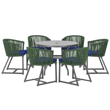 Imagem de Mesa com 6 Cadeiras de Jantar Roma 120cm e Noronha em Alumínio Preto Corda Náutica Estofado 10 Trama Original