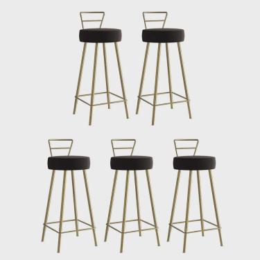 Imagem de Kit 05 Banqueta Alta Com Encosto Tina Eiffel Cozinha Bar Bistrô Ferro Dourado Sintético Marrom - Ahz Móveis