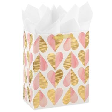Imagem de Hallmark Bolsa de presente grande de 33 cm com papel de seda (corações rosa e dourados) para Dia dos Namorados, chás de panela, casamentos, noivados