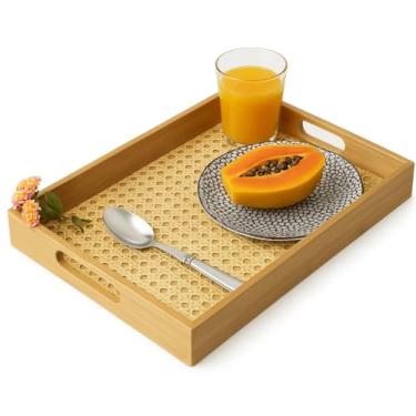Imagem de Bandeja de Bambu Retangular 39cm - Multiuso com Palhinha Indiana, Ideal para Cantinho do Café, Fácil de Limpar e Sustentável