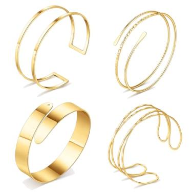 Imagem de FIRAZIO Conjunto de 4 peças de punho dourado para mulheres, pulseira de braço ajustável, pulseira de braçadeira minimalista, joia de braço de bobina, 7, Aço inoxidável, Sem Pedra Preciosa
