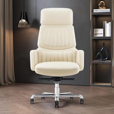 Imagem de FURIJING Cadeira de escritório de couro genuíno com base giratória de alumínio com encosto alto, mecanismo ergonômico de reclinação de inclinação sincronizada, cadeira executiva de couro real - branca