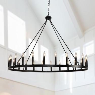 Imagem de Lustre De Roda De Carroça Estilo Vela Preto 12-luz, Lustre De Roda De Carroça Redonda Luminárias De Varanda Ao Ar Livre, Lustres Modernos De Rodas De Carroça Para Sala, Black, 24-lights