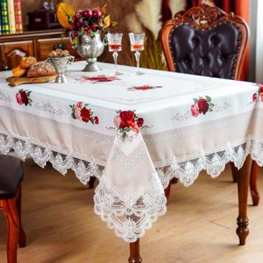 Imagem de SUTAVIA Toalha de mesa bordada de renda, toalha de mesa retangular de fazenda, toalha de mesa de macramê clássica oblonga com decoração de flores antigas (esbranquiçada, retangular/oblonga, 152 x 213