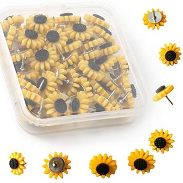 Imagem de 40 peças de alfinetes de girassol para polegar, cortiça, flor, cortiça, tachinhas para quadro de fotos, mapas de parede, decoração de escritório