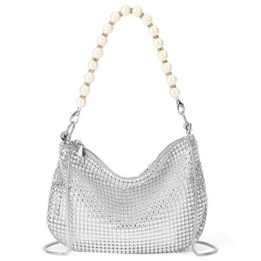 Imagem de RNIEGA Bolsa de mão de couro vegano para mulheres, formal, elegante, noite, para casamentos, bailes, coquetéis, Prata, Medium