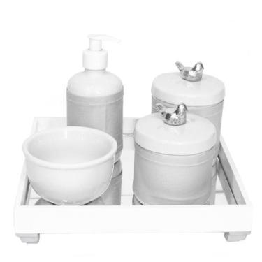 Imagem de Kit Higiene Espelho Potes Porcelana Bebê Passarinho Prateado - Potinho