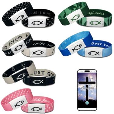 Imagem de 6 pulseiras diárias com versículo da Bíblia, pulseira Jesus Cristã com NFC Scan, pulseira vestível com versículos bíblicos, pulseira elástica cristã para mulheres, homens e adolescentes, One Size,