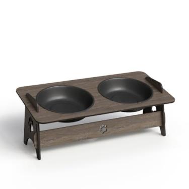 Imagem de Comedouro e bebedouro suspenso de duas camadas para animais de estimação, adequado para cães e gatos, feito de MDF.