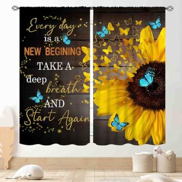 Imagem de Cortinas de girassol, flores pretas e amarelas rústicas, citações positivas, borboleta, fazenda, quinta, janela, tratamentos para quarto, sala de estar, cozinha, banheiro, 2 painéis, 107 x 114 cm
