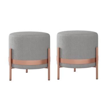 Imagem de Kit 2 Puffs banco Penteadeira Closet Tecido Bouclé Cor Cinza Base Metal Rosê Gold