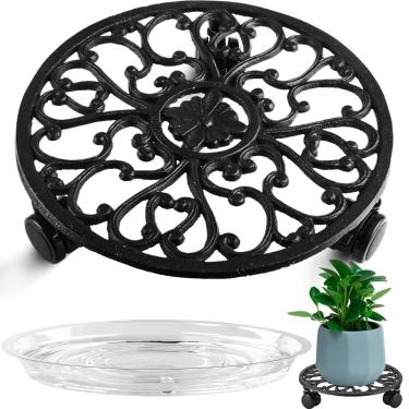 Imagem de 1 pacote de suporte de planta rolante de 28 cm com rodas de ferro forjado suporte de planta rolante com rodízios resistente para plantas de interior, rolos com pires de plantas, carrinho redondo de