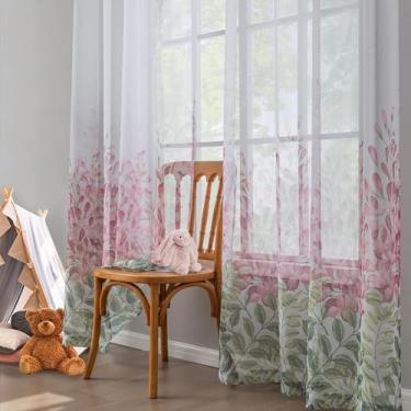 Imagem de Cortinas translúcidas florais para quarto de meninas, janela com amarração atrás, filtragem de luz, cortinas semicoloridas estampadas, 203 cm de comprimento, conjunto de 2 painéis, flor rosa, folha