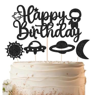 Imagem de EONNCNT Space Birthday Cake Topper - Black Glitter Space Theme Birthday Party Cake Decoration Supplies - Happy Birthday Cake Decor, Birthday Party Supplies Photo Booth Props