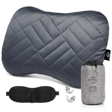 Imagem de OMVMO Almofada de acampamento com capa removível lavável - Travesseiro inflável ultraleve para apoio lombar do pescoço com tampões de ouvido silenciosos de silicone e máscara de dormir 3D - Almofadas