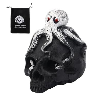 Imagem de BOXOB Apito da morte asteca, som humano autêntico grita guerra apito de caveira mexicana mais alto com bolsa de cordão para presentes de Halloween símbolo de aventura coragem mordaça (estilo polvo)