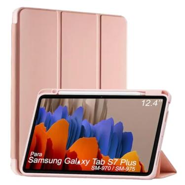 Imagem de Capa Tablet flip para Samsung Galaxy Tab S7+ SM-T970 SM-T975 NZAHZTO 12.4 polegadas Smart pen resistente aveludada compatimento caneta Case capinha Anti Impacto Suporte Pencil - Alamo (rose)