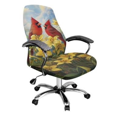 Imagem de Talayituse Capa de cadeira de escritório com estampa de flores de lírio cardeal esticável, capa de cadeira de mesa de jacquard xadrez grossa, capa de assento de escritório giratória universal, pequena
