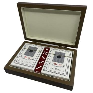Imagem de Kit de Jogos de Cartas em Caixa de Madeira Verniz Personalizada com 4 Dados de Quartzo, 2 Baralhos Clássicos para Truco, Poker, Compacto, para Presente, Decorativo de Mesa 15 cm