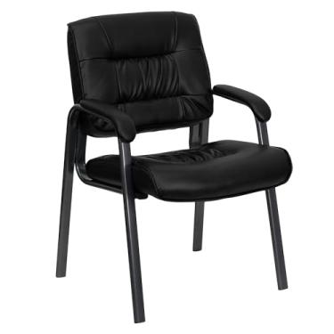 Imagem de Flash Furniture Cadeira de recepção lateral executiva LeatherSoft preta com moldura revestida de pó cinza de titânio