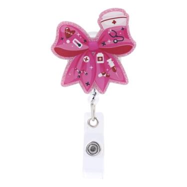 Imagem de lasuroa Carretel de Distintivo com Laço Cor-De-Rosa, Carretel Retrátil em Acrílico para Enfermeiras Porta-Cartões de Identificação com Laço Brilhante para Enfermeiras Professoras e Estudantes (Rosa)